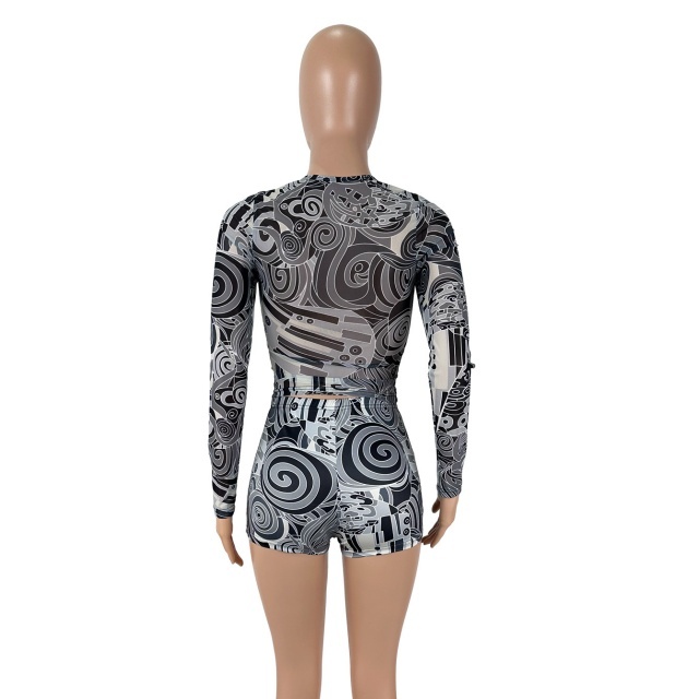 Printed Sheer Mesh Long Sleeve Top Short Set