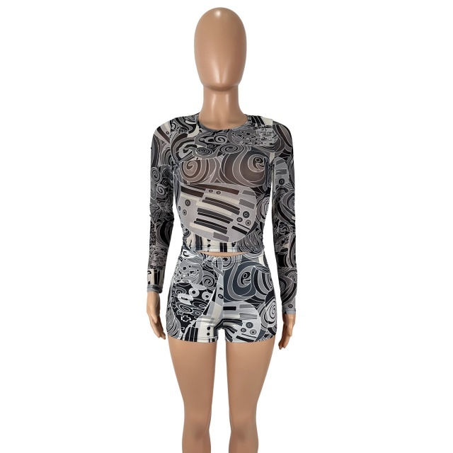 Printed Sheer Mesh Long Sleeve Top Short Set