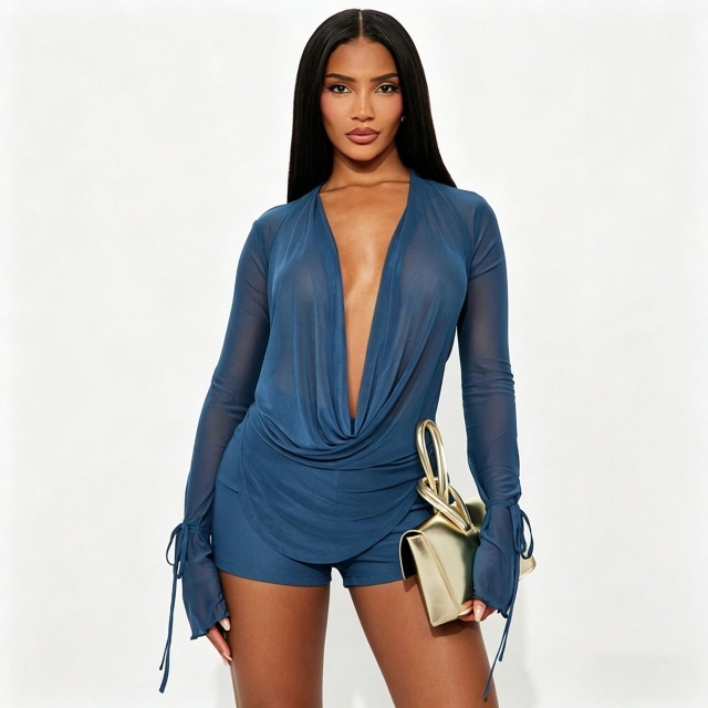 See Through Mesh Cowl-Neck Top Fitted Shorts Set
