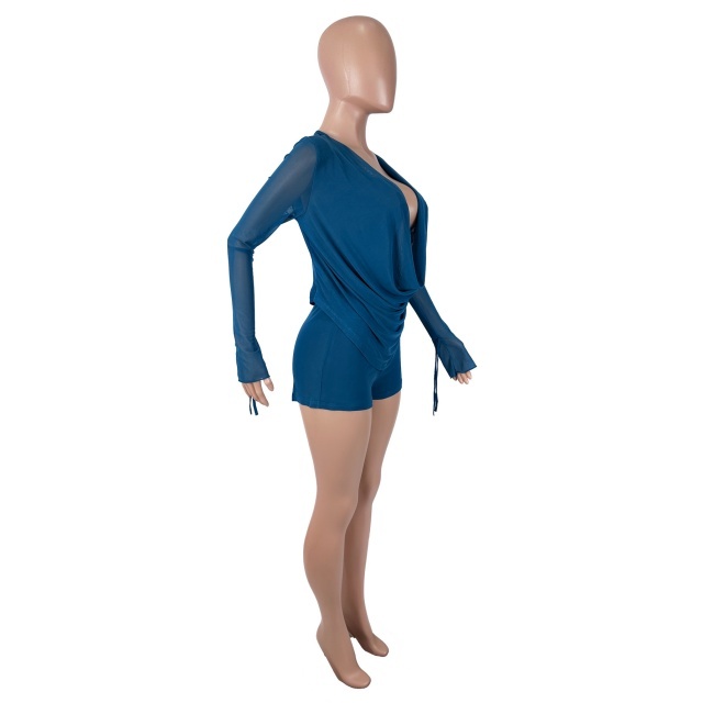 See Through Mesh Cowl-Neck Top Fitted Shorts Set