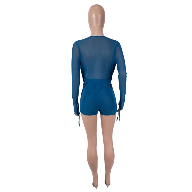 See Through Mesh Cowl-Neck Top Fitted Shorts Set