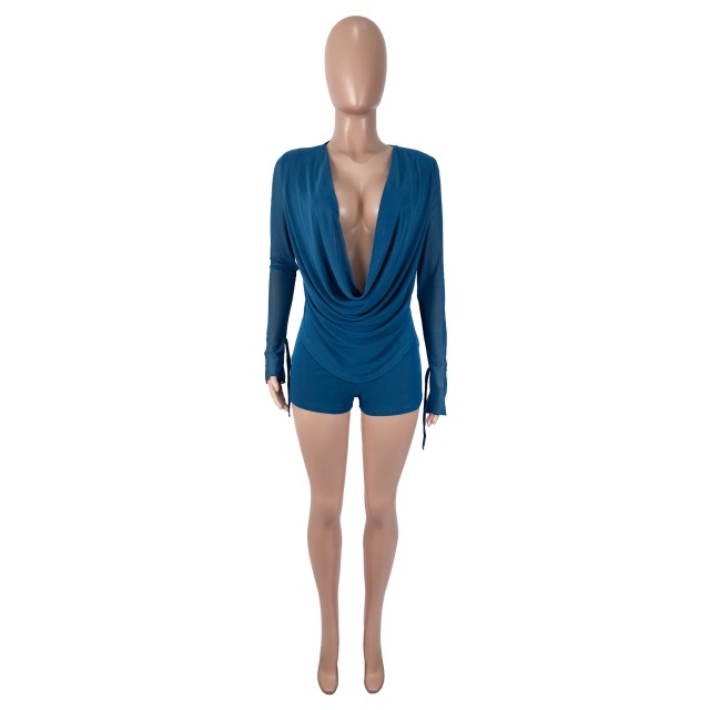 See Through Mesh Cowl-Neck Top Fitted Shorts Set
