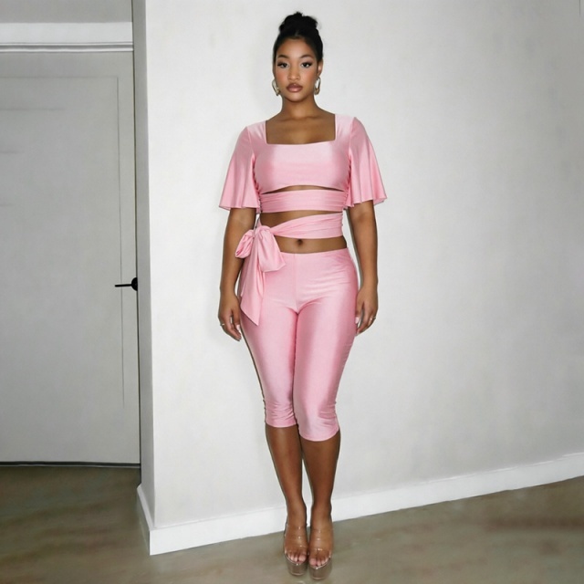 Short Sleeve Lace-up Crop Top Midi Pant Set