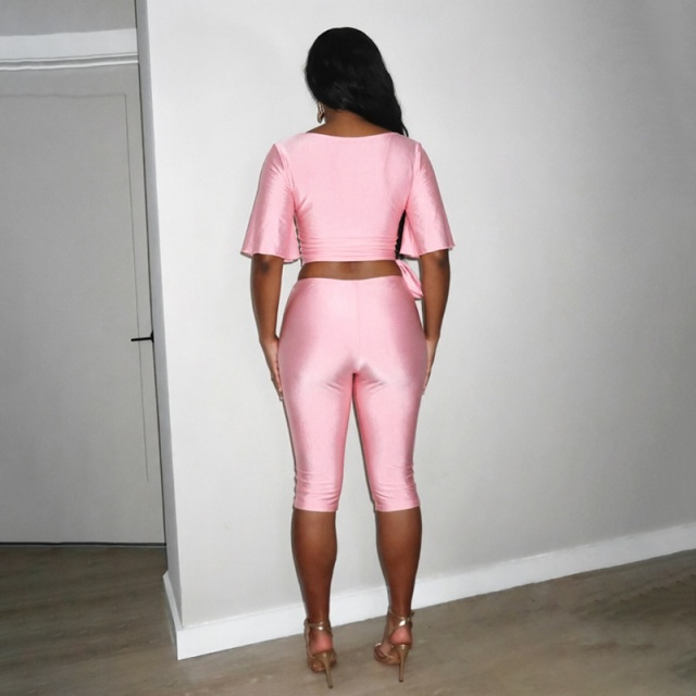 Short Sleeve Lace-up Crop Top Midi Pant Set