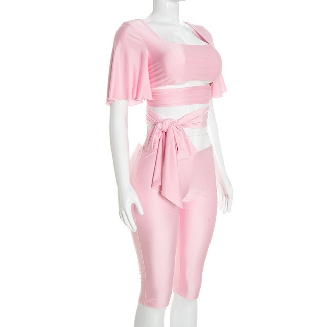 Short Sleeve Lace-up Crop Top Midi Pant Set