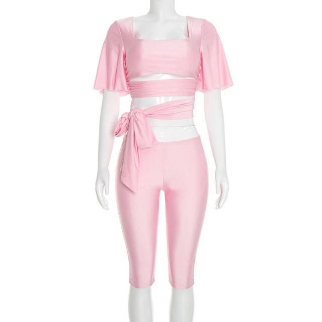 Short Sleeve Lace-up Crop Top Midi Pant Set