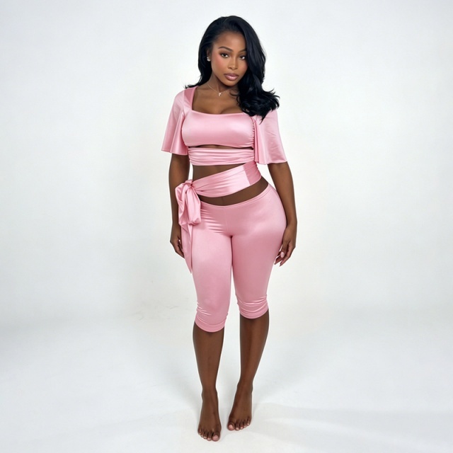 Short Sleeve Lace-up Crop Top Midi Pant Set