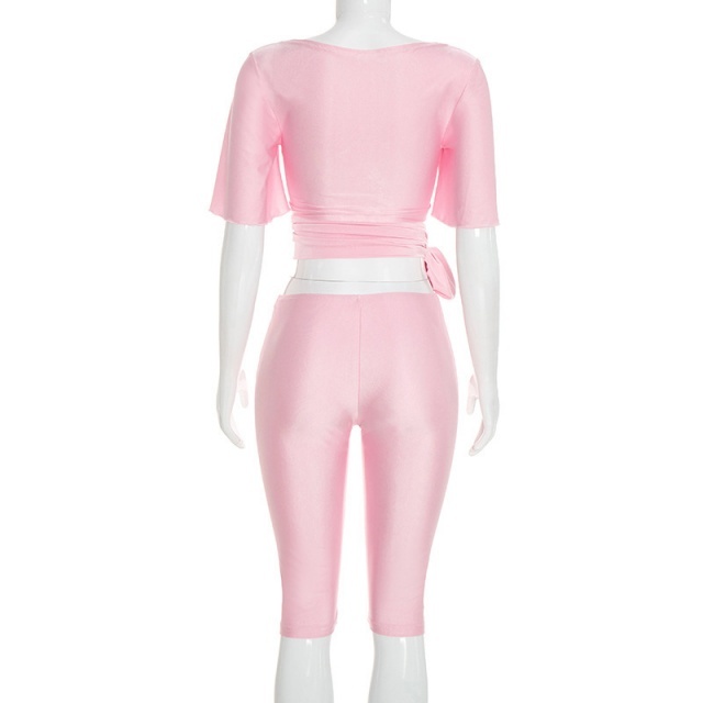 Short Sleeve Lace-up Crop Top Midi Pant Set