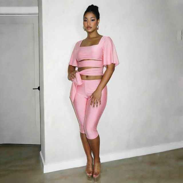 Short Sleeve Lace-up Crop Top Midi Pant Set