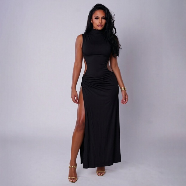 Sleeveless Hollow Out High Split Maxi Dress
