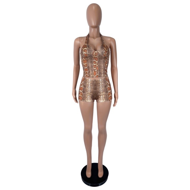 Snake Printed Halter Neck Top Fitted Short Set