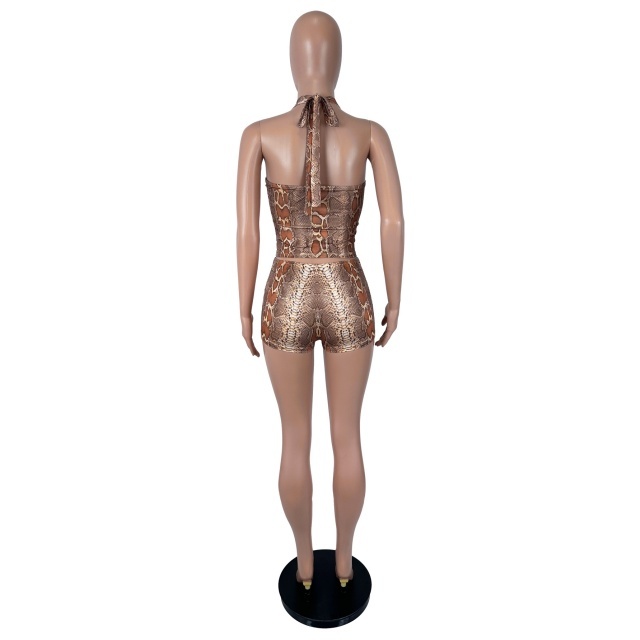 Snake Printed Halter Neck Top Fitted Short Set