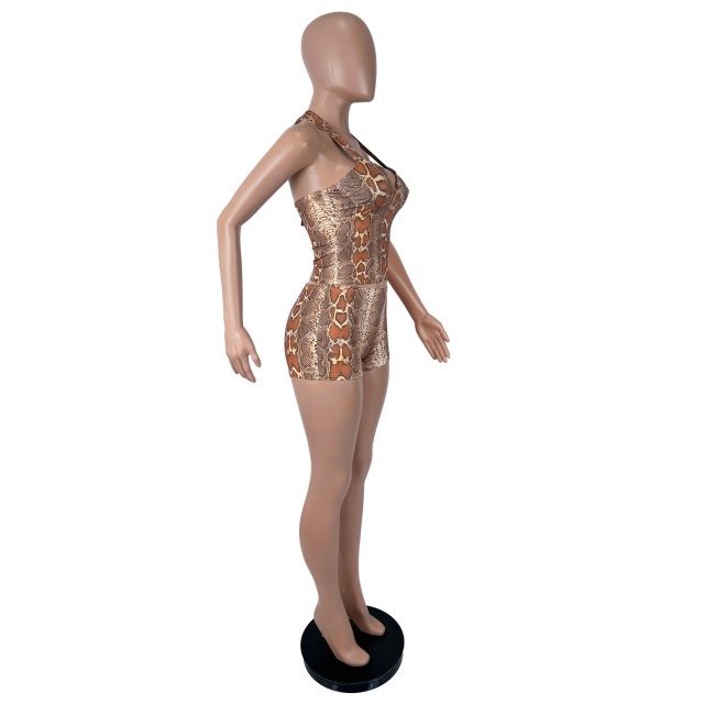Snake Printed Halter Neck Top Fitted Short Set