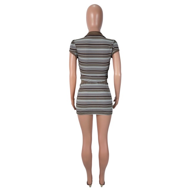 Striped Polo V Neck Top Mini Skirt Set