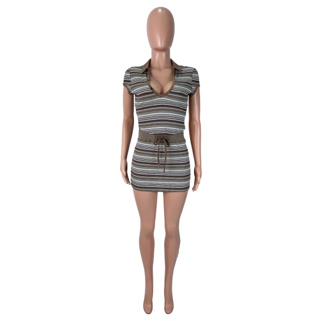 Striped Polo V Neck Top Mini Skirt Set