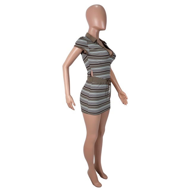 Striped Polo V Neck Top Mini Skirt Set