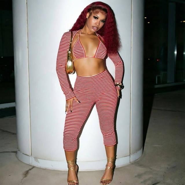 Striped Printed Bra Top Fitted Cropped Pant Set 3 Pieces
