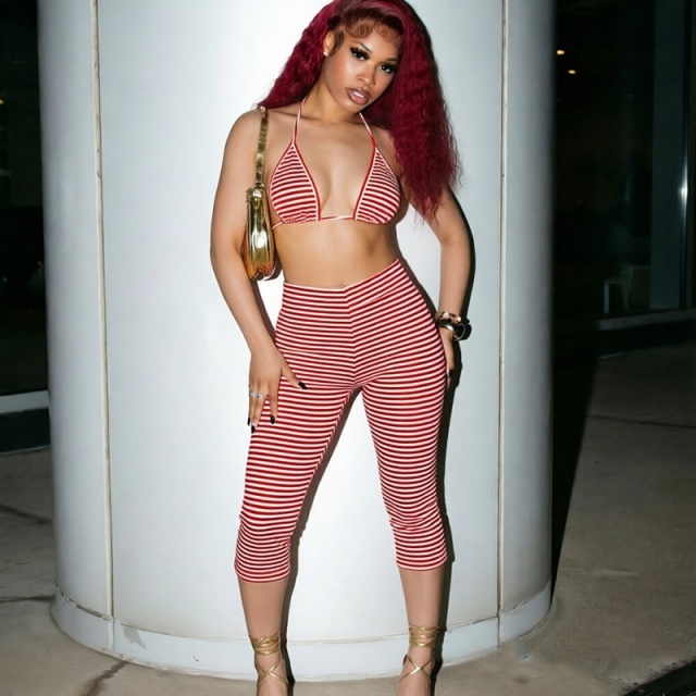 Striped Printed Bra Top Fitted Cropped Pant Set 3 Pieces
