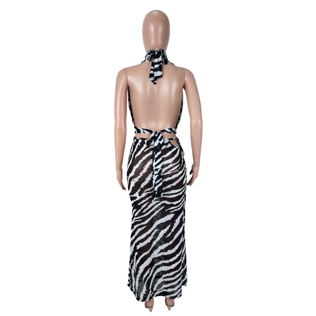 Zebra Print Halter-neck Top Maxi Skirt Set