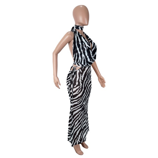 Zebra Print Halter-neck Top Maxi Skirt Set