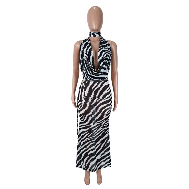 Zebra Print Halter-neck Top Maxi Skirt Set