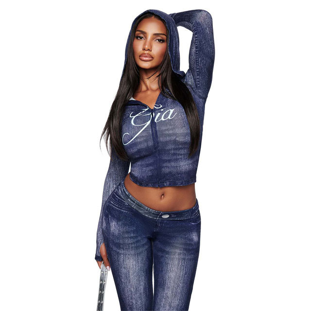 Fashion Denim Printed Hooded Top Casual Jogging Suit