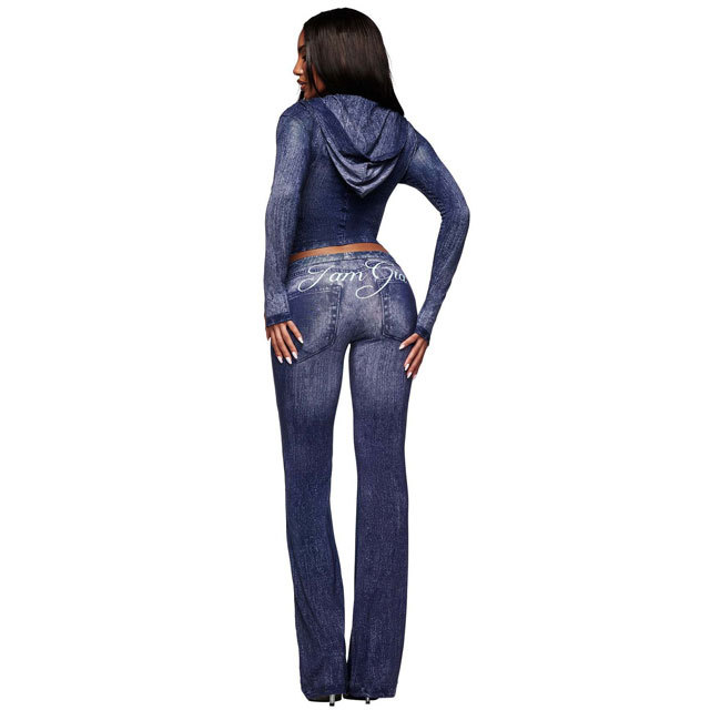 Fashion Denim Printed Hooded Top Casual Jogging Suit