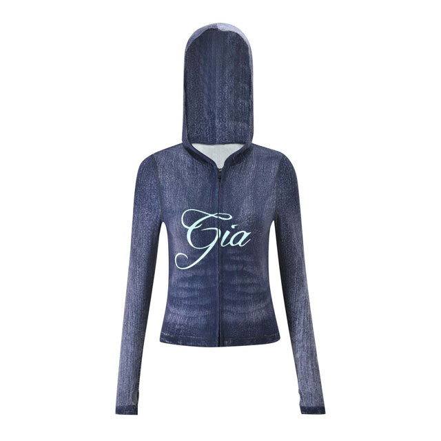 Fashion Denim Printed Hooded Top Casual Jogging Suit
