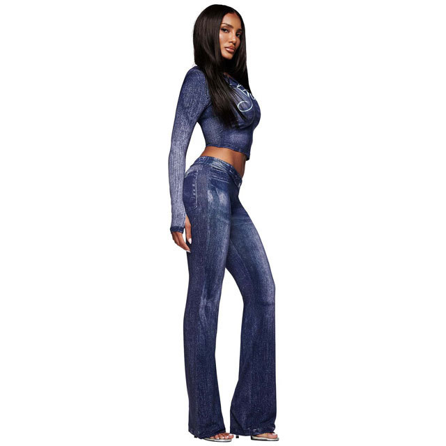 Fashion Denim Printed Hooded Top Casual Jogging Suit