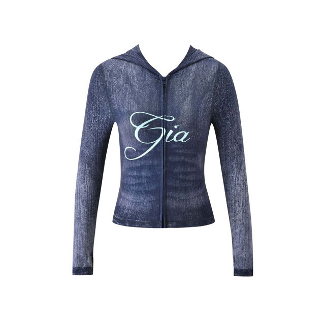 Fashion Denim Printed Hooded Top Casual Jogging Suit