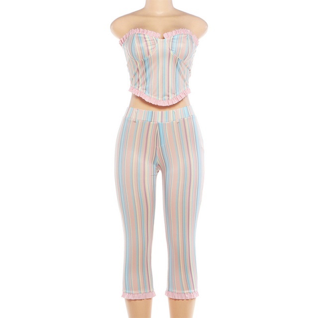 Off Shoulder Tube Top Striped Midi Pant Set
