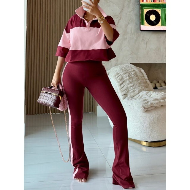 Colorblock Striped Printed Polo Top Flare Pant Set
