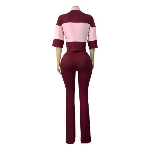 Colorblock Striped Printed Polo Top Flare Pant Set
