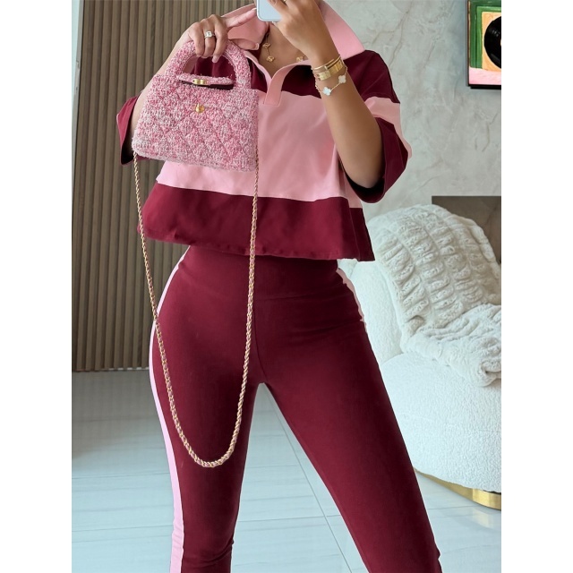 Colorblock Striped Printed Polo Top Flare Pant Set