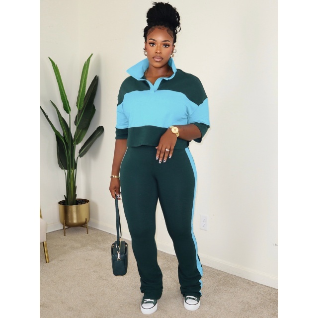 Colorblock Striped Printed Polo Top Flare Pant Set