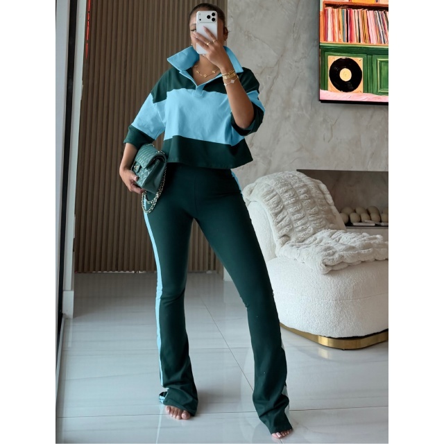 Colorblock Striped Printed Polo Top Flare Pant Set
