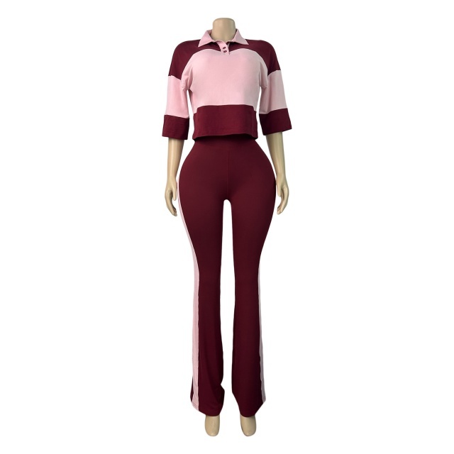 Colorblock Striped Printed Polo Top Flare Pant Set