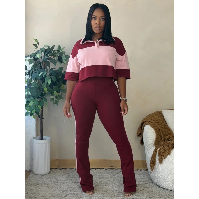 Colorblock Striped Printed Polo Top Flare Pant Set
