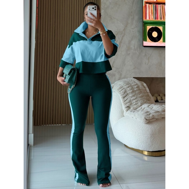 Colorblock Striped Printed Polo Top Flare Pant Set
