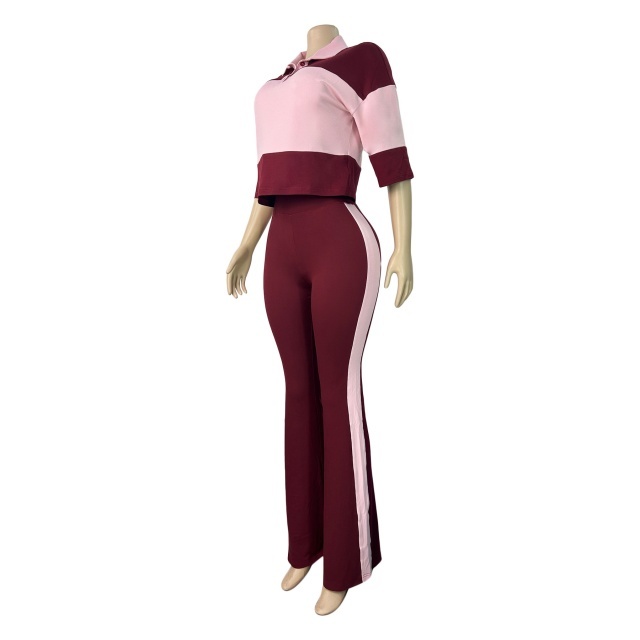 Colorblock Striped Printed Polo Top Flare Pant Set