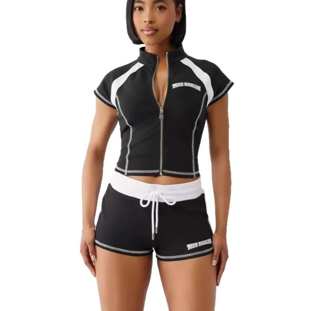 Contrast Color Zipper Up Top Slim Fit Short Set