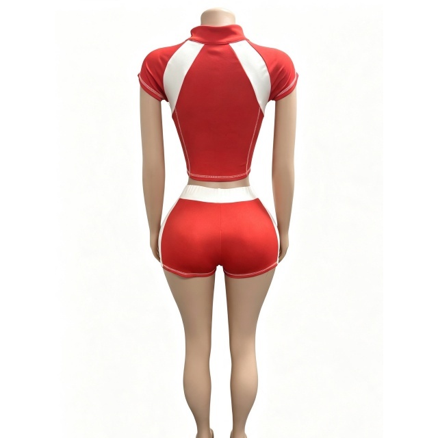 Contrast Color Zipper Up Top Slim Fit Short Set