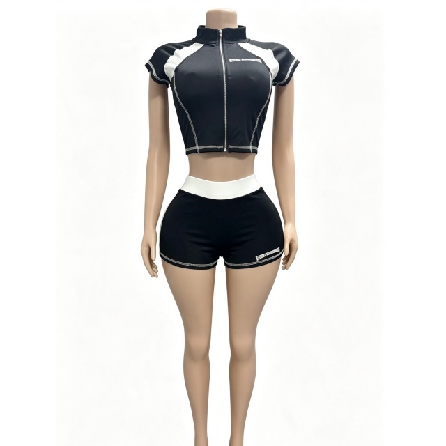 Contrast Color Zipper Up Top Slim Fit Short Set