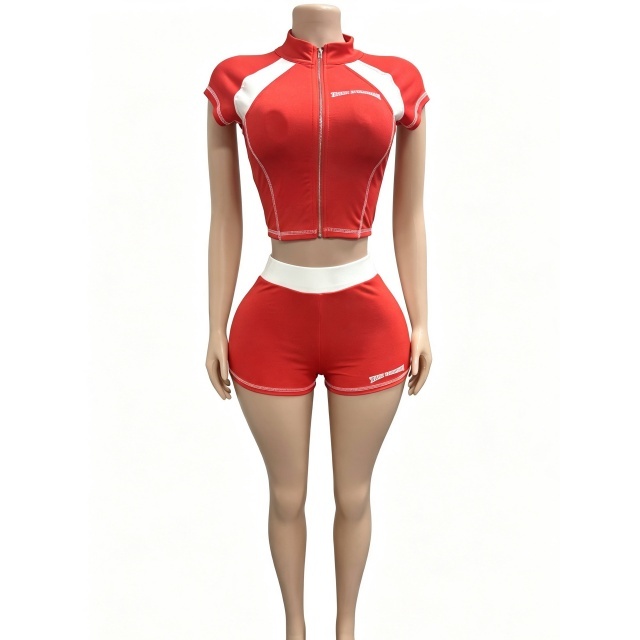 Contrast Color Zipper Up Top Slim Fit Short Set