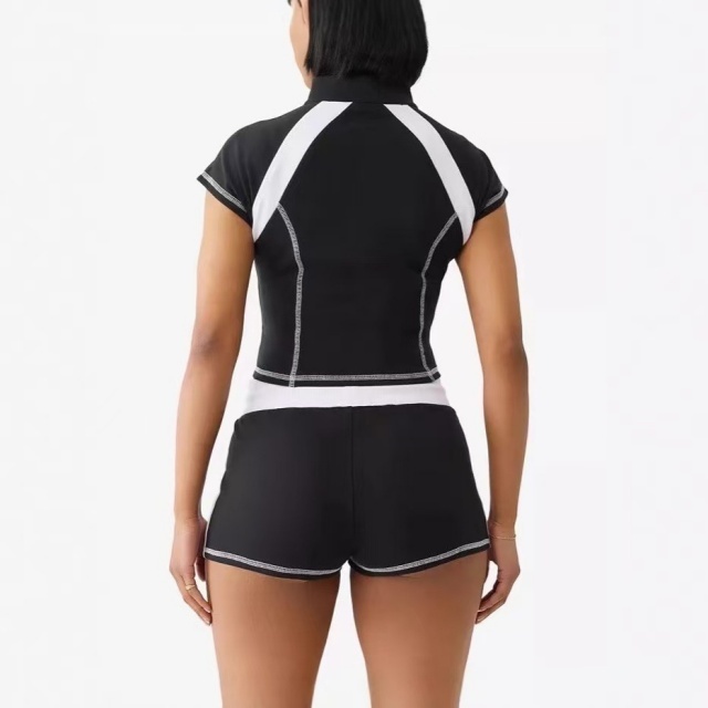 Contrast Color Zipper Up Top Slim Fit Short Set