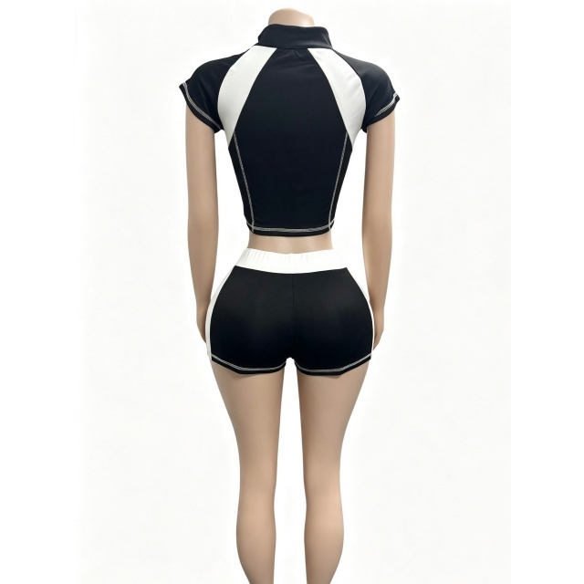 Contrast Color Zipper Up Top Slim Fit Short Set