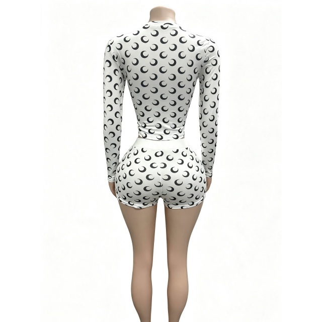 Moon Printed Long Sleeve Top Slim Fit Short Set