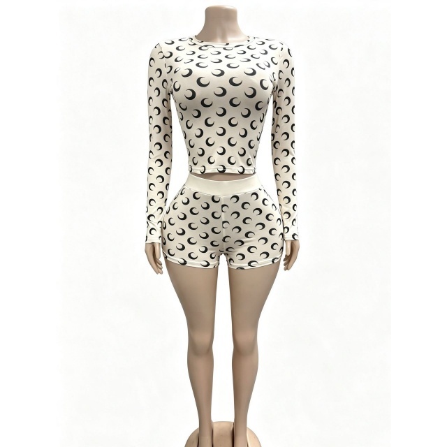 Moon Printed Long Sleeve Top Slim Fit Short Set