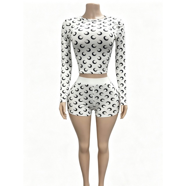 Moon Printed Long Sleeve Top Slim Fit Short Set