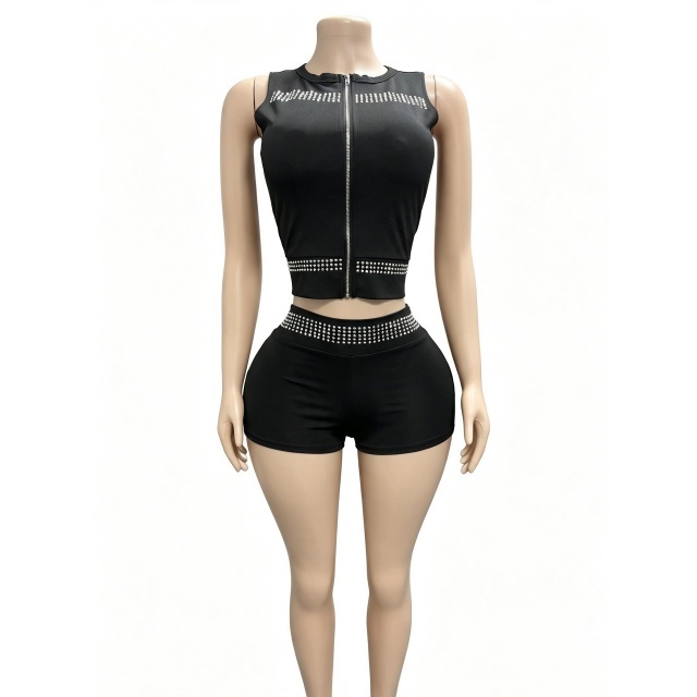 Rivets Zipper Up Sleeveless Top Fitted Short Set